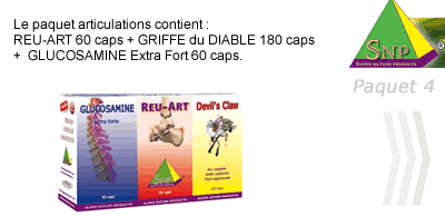 Le paquet articulations contient : REU-ART 60 caps + GRIFFE du DIABLE 180 caps  +  GLUCOSAMINE Extra Fort 60 caps.